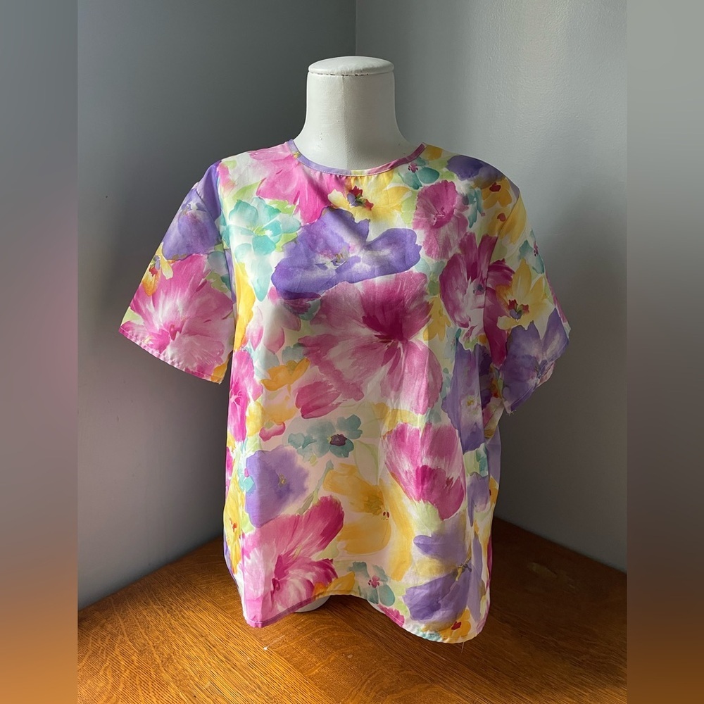 Vintage Blair Women’s Blouse Bold Floral Bright Short Sleeve Top Size 16 L XL